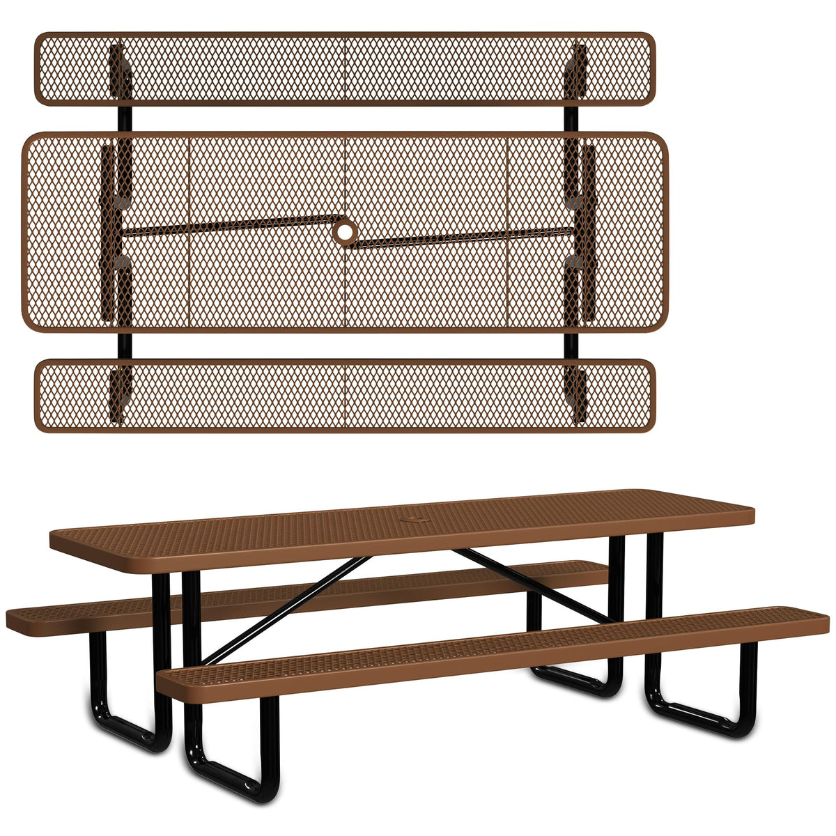 Leisure Craft Metal Picnic Table with Bench - 8 ft Rectangle Outdoor Dining Table for 8, Umbrella Hole, Weatherproof Heavy Duty Thermoplastic Coating, Commercial Grade Furniture Made in USA - Brown