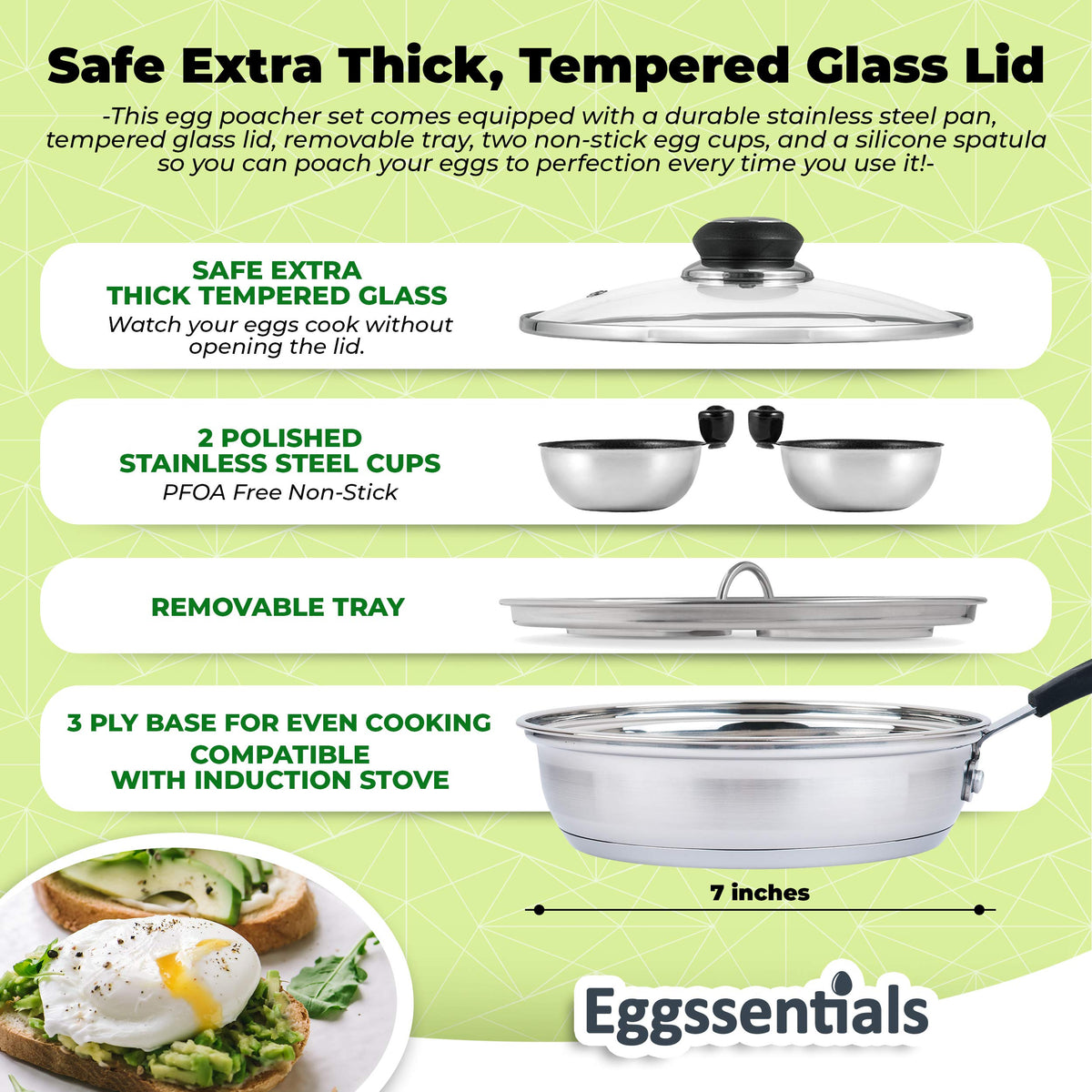Eggssentials Egg Poacher Pan Nonstick Coating - Poached Egg Cooker, Stainless Steel Egg Poaching Pan PFOA Free with Spatula, Poached Egg Maker, Egg Poachers Cookware