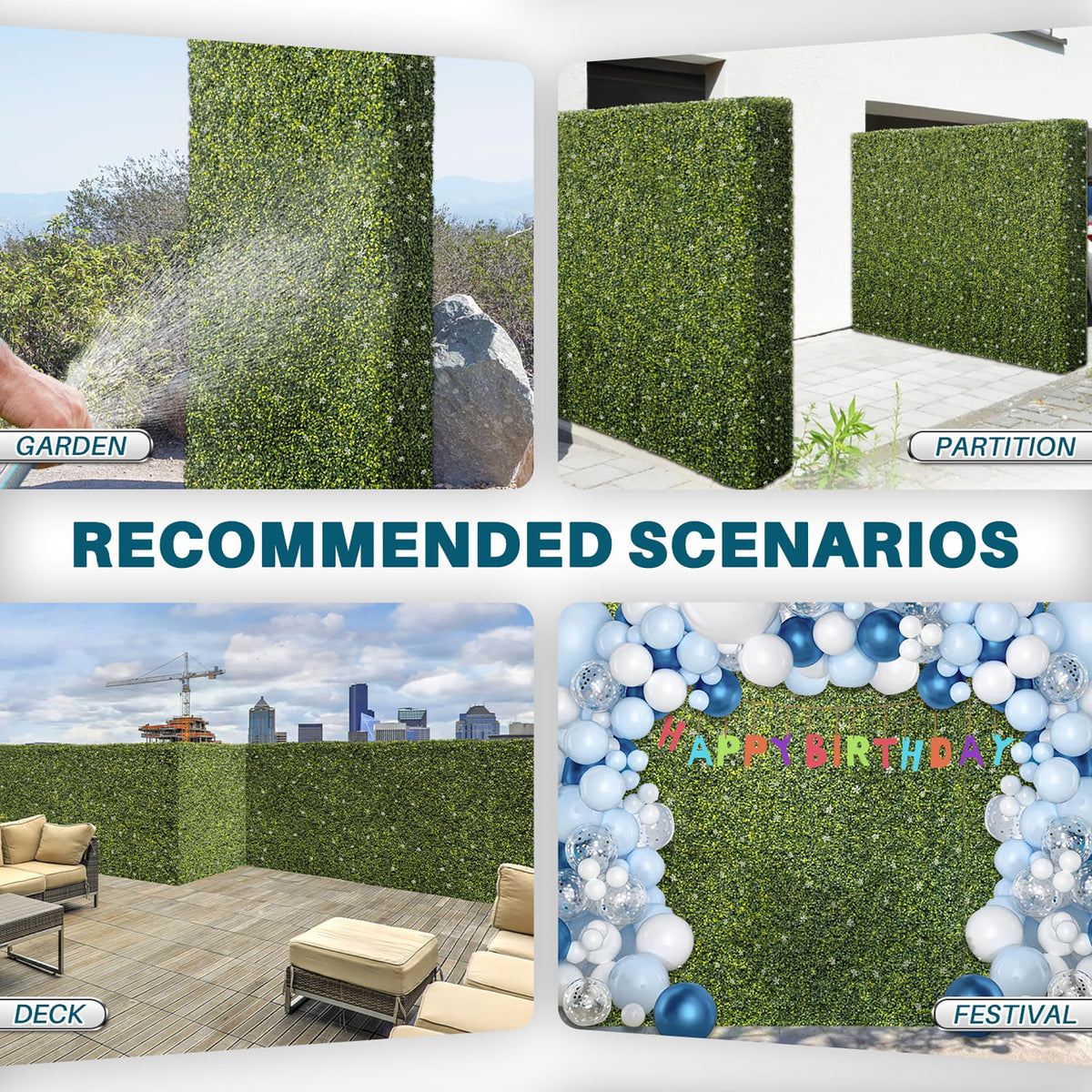 COARBOR 54" x 72" x 6" Artificial Boxwood Hedge Wall Milan with White Flowers Interior Divider Privacy Fence Faux Greenery Backdrop for Home Decor, Party Decor, Backyard Balcony Deck