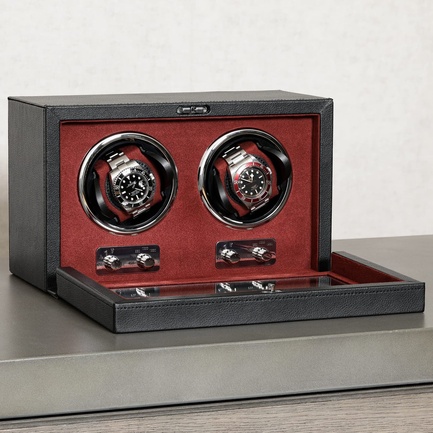 ROTHWELL Double Watch Winder for Automatic Watches with Quiet Motor with Multiple Speeds and Rotation Settings (Black/Red)