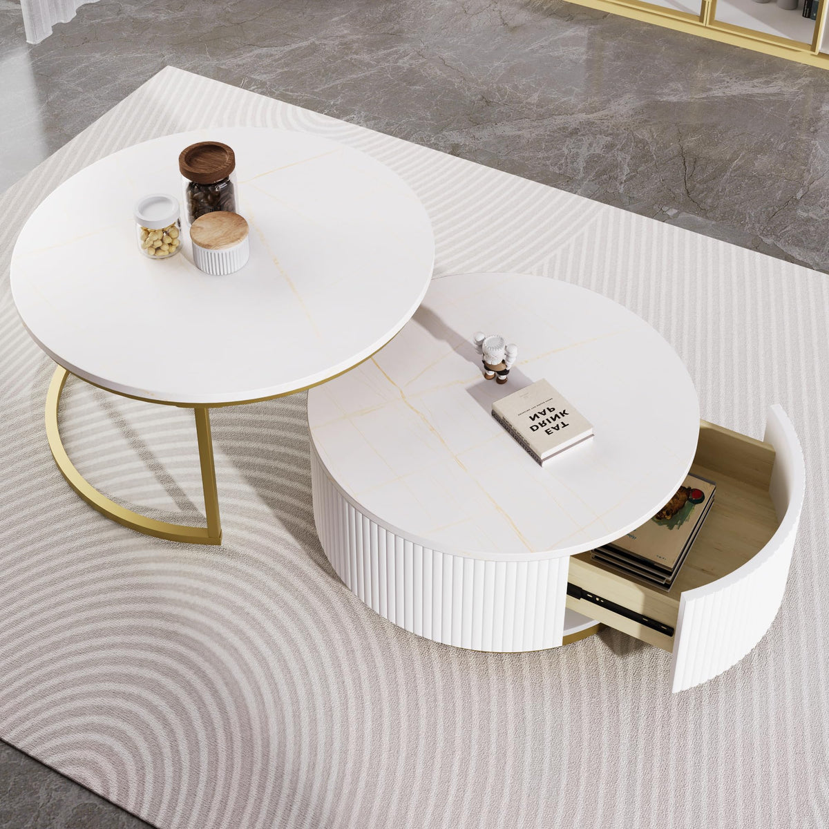 Merax Round Nesting Coffee Table Set of 2 with Storage Drawer and Marbling Tabletop, Perfect for Living Room Apartment, White