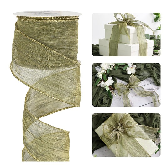 HUIHUANG Moss Green Wired Ribbon 2.5 inch Green Crinkled Silk with Gold Metallic Christmas Ribbon for Wreath Supplies Wedding Holiday Christmas Tree Decor Swags Gift Wrapping -10 Yards