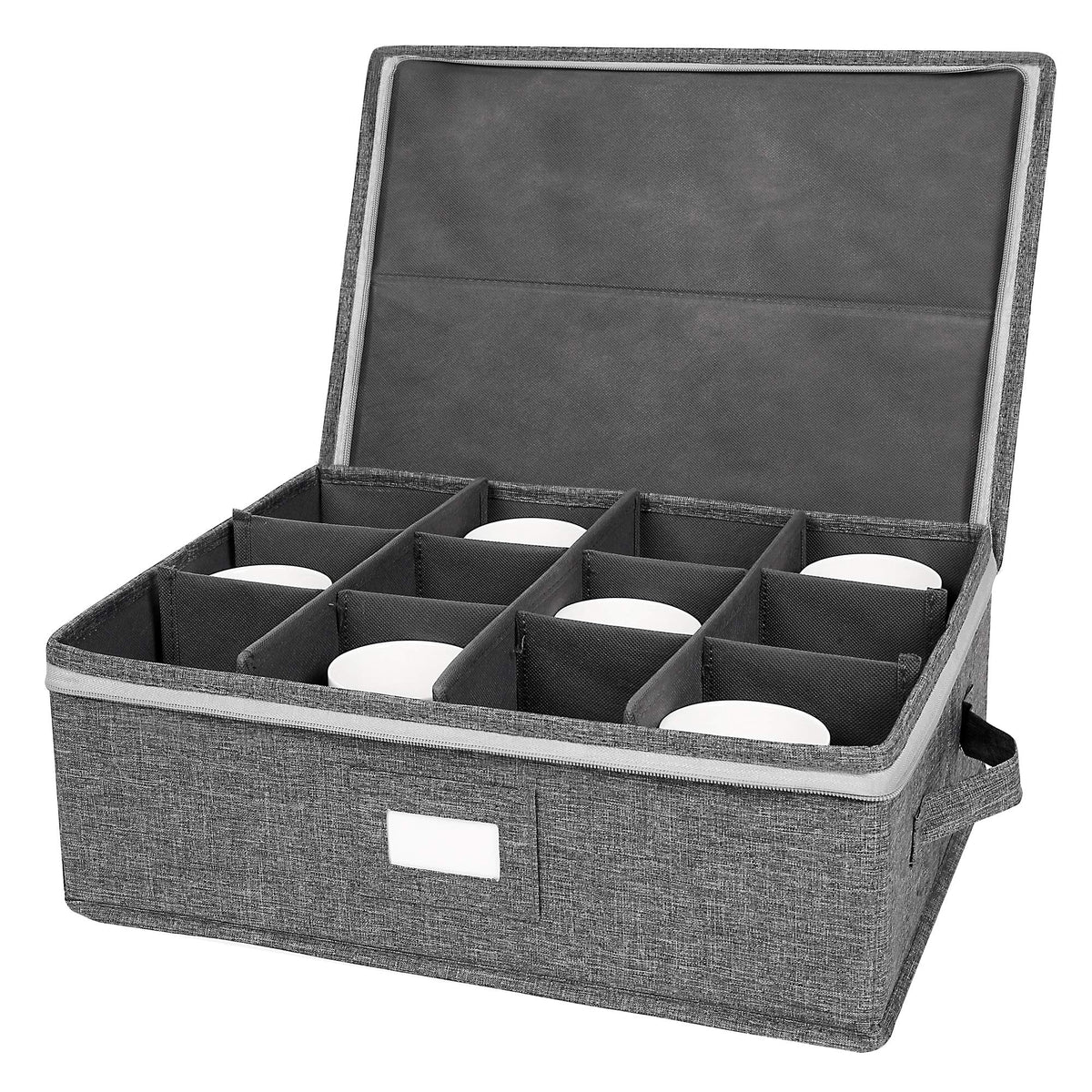 popoly Mug Storage Box with dividers, China Coffee Cup Storage Containers with Zipper Lid and Rivet Reinforced Handles, Holds 12 Coffee Mugs and Tea Cups, Structured Top and Stackable (Grey)