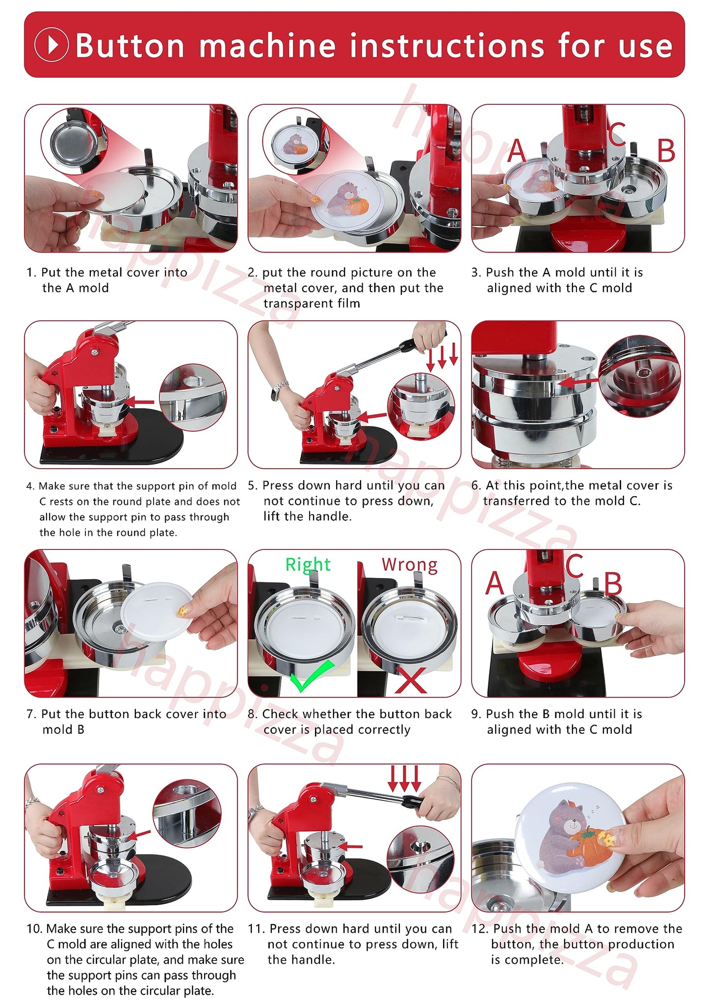 Happizza Button Maker Machine Multiple Sizes, Button Pin Maker 1+1.25+2.25 inch, Interchangeable Button-models Badge Button Press Machine with 300 Sets Button Maker Supplies &Circle Cutter&Cutting Mat