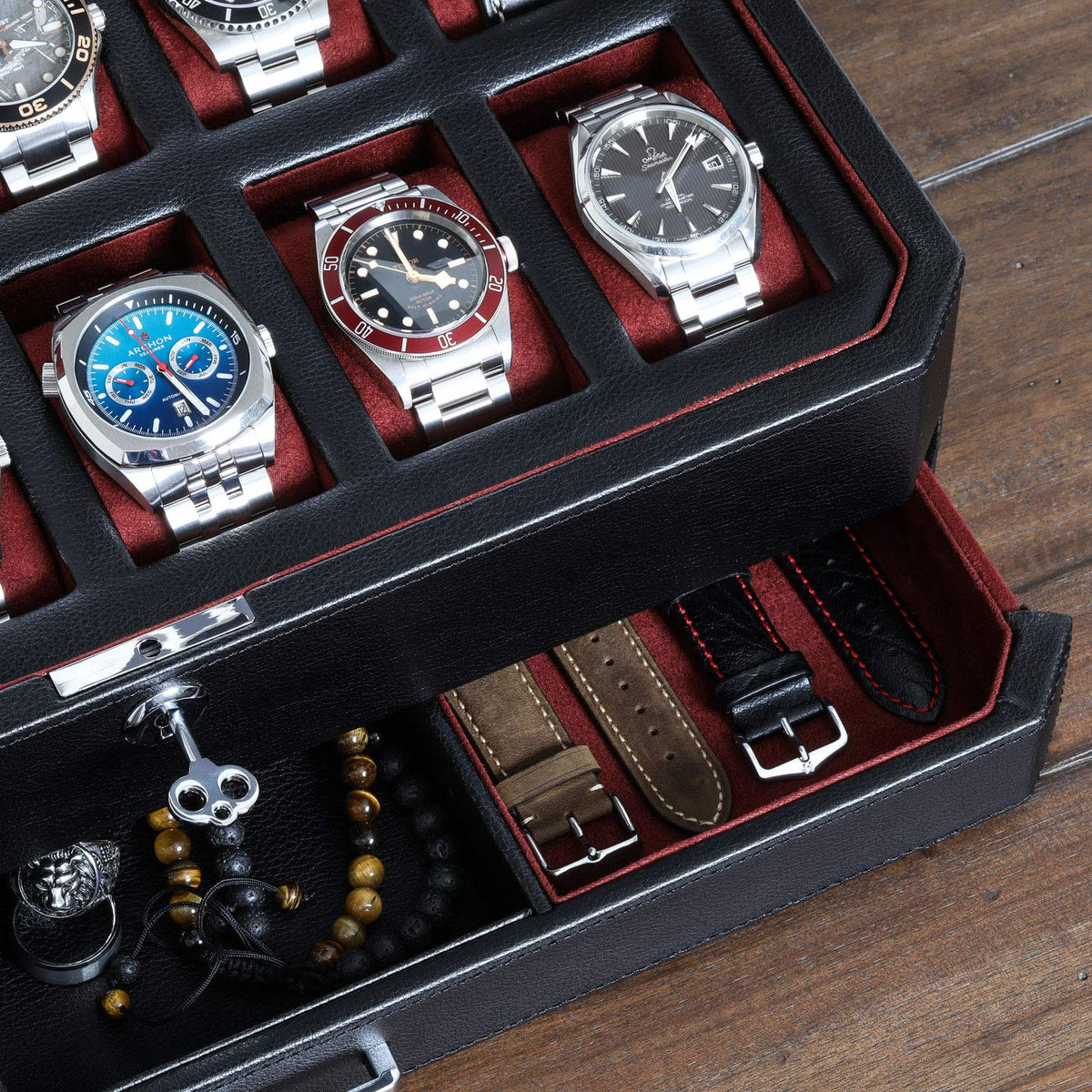 Gift Set 12 Slot Leather Watch Box with Valet Drawer & Matching Double Watch Winder - Luxury Case Display Organizer, Locking Mens Jewelry Watches Holder, Men's Storage Boxes Glass Top Black/Red