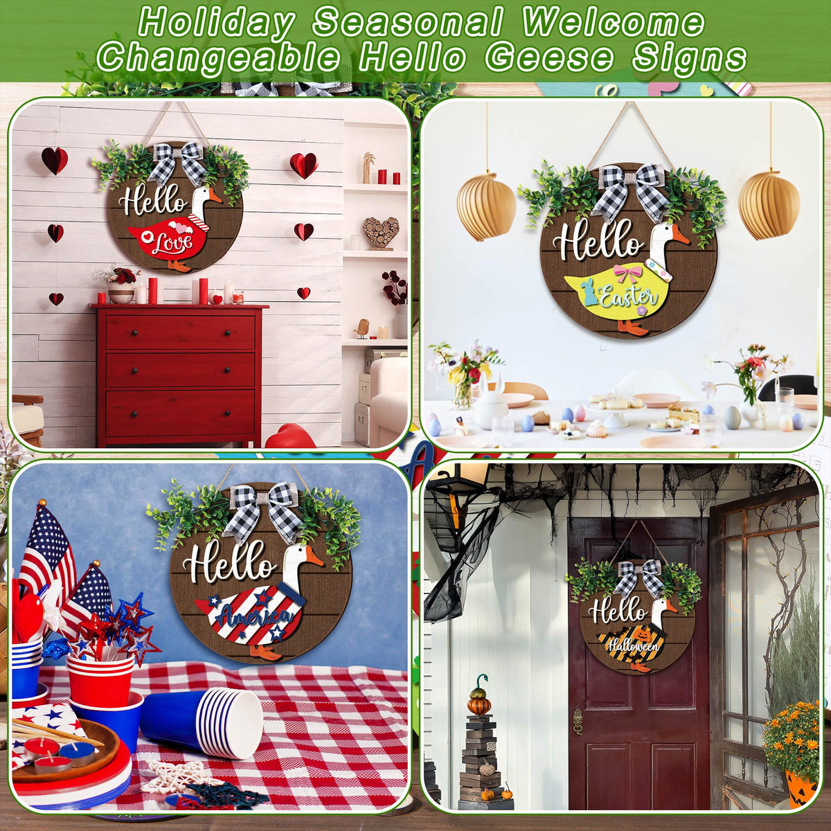 Weysat 13 Pcs Interchangeable Wooden Goose Decor, 11.8 Inch Holiday Seasonal Welcome Changeable Hello Geese Signs Rustic Farmhouse Front Door Round Wreaths Hanging Decorations for Porch Home Outdoor
