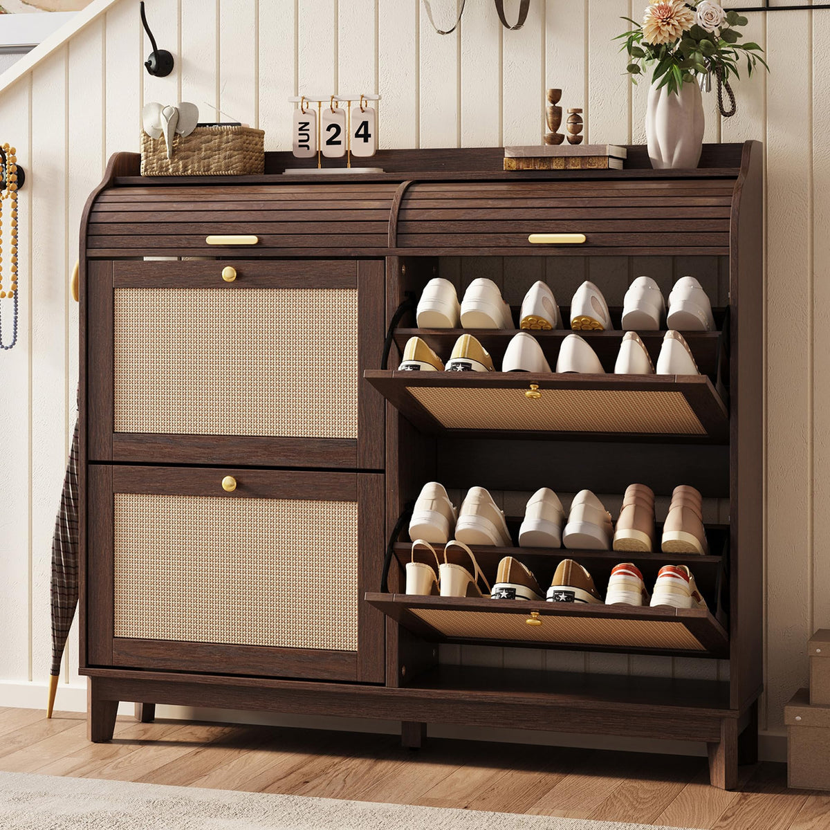 LINSY Shoe Storage Cabinet, Rattan Shoe Cabinet Flip Drawer Shoes Rack Cabinet with Sliding Tambour Door, Large Shoe Cabinets Mid Century Modern Hidden Shoe Storage Organizer for Entryway, Walnut