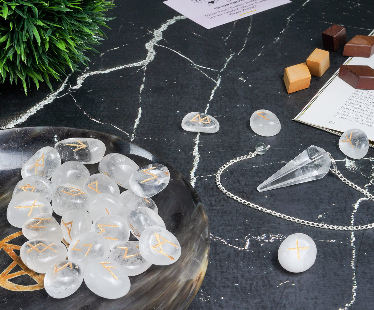 Crocon Clear Quartz Gemstone Engraved Rune Stones Set (25 Pcs) with Elder Futhark Alphabets & 1 Clear Quartz Pendulum Reiki Healing Meditation Balancing Gift Home Office Decor. Size: 15-20 mm