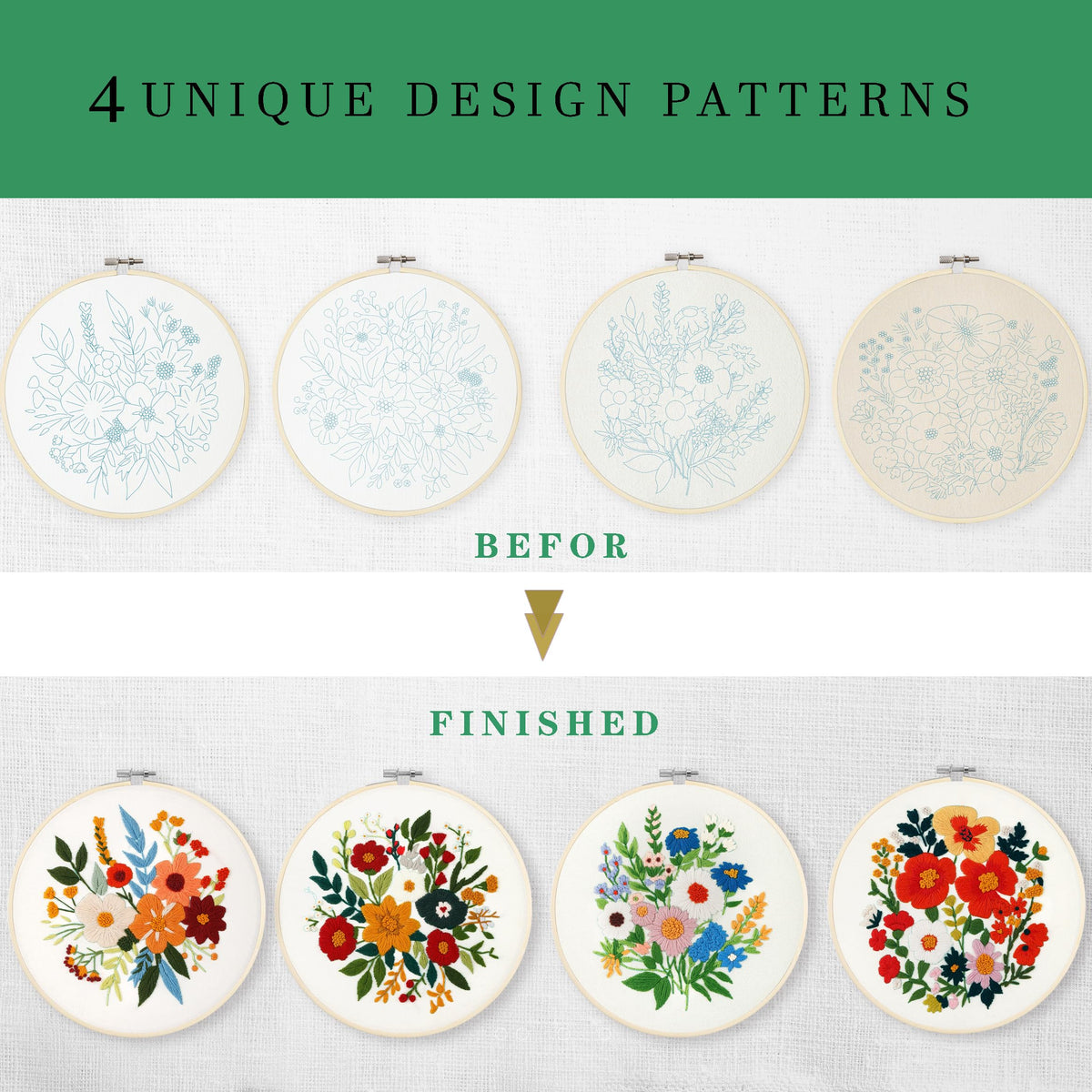 SevFan 4 Sets Embroidery Kit for Beginners Adults,Needlepoint Kits for Adults with Easy Stamped Floral Pattern Fabric Hand Crafts,Bamboo Hoop,Needle,Cloth,Embroidery Kit for Decor Home Room(Flower-4)