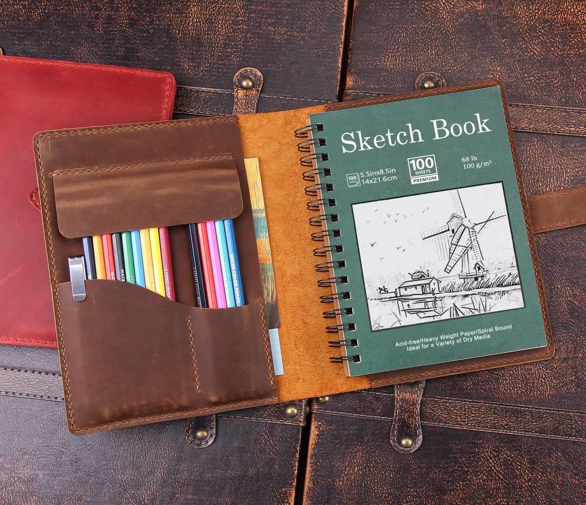Robrasim Handmade Leather Sketchbook Cover, Leather Artist Sketch Pad Cover for 5.5" x 8.5" Sketchbook, Drawing Book and Pencil Case, Journal Notebook Portfolio, Artis Gifts-Brown