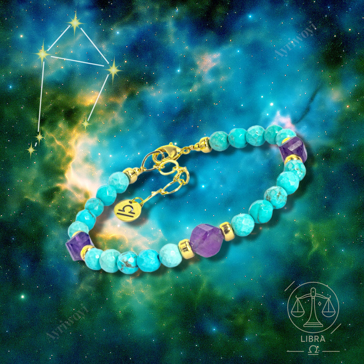 Ayriwoyi Libra Zodiac Bracelet for Women Blue Turquoise Amethyst Crystal Healing Stone Bracelet with Gold Horoscope Spiritual Bracelet Astrology Jewelry Gift for Women