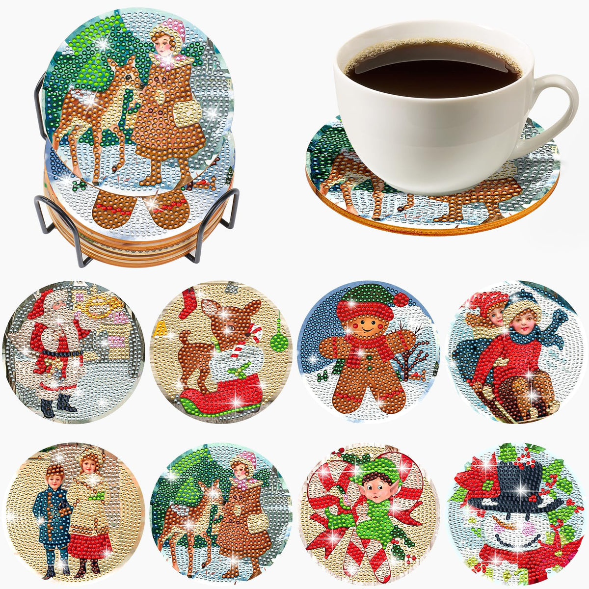 XEFINAL Christmas Vintage Diamond Art Paintings Coasters Diamond Art Painting Coasters with Holder DIY Christmas Diamond Art Painting Kits for Adults, Beginners Christmas Gift