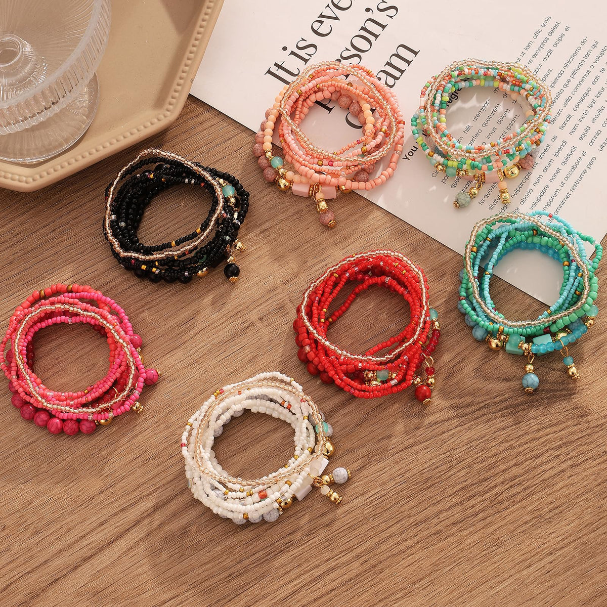 IFKM 8PCS Beaded Bracelets for Women, Multilayered Stackable Strand Stretch Bead Bracelet Pack Handmade Trendy Bohemian Charm Jewelry Colorful