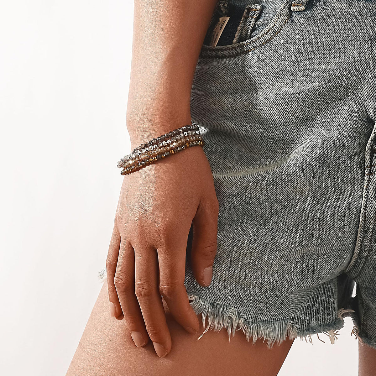 Lubrifico Boho Crystal Bracelet Set of 4pcs/set,4mm Beads Stackable Layering Stretch Bracelets for Women, Friendship Gifts（grey
