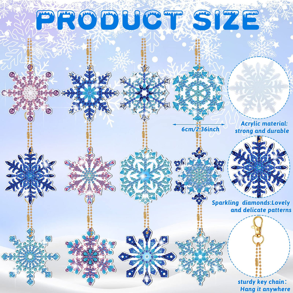 Ferraycle 12 Pcs Diamond Painting Keychain Kit Winter Diamond Art Keychain Ornaments 5d DIY Snowflake Diamonds Painting Key Rings for Adults Art Pedants Decor