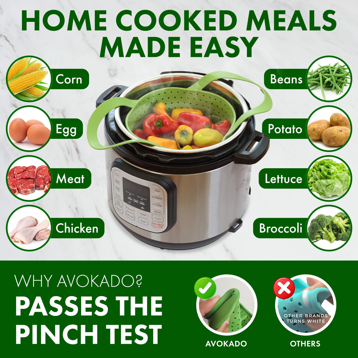 Avokado Silicone Steamer Basket for 6qt Instant Pot [3qt, 8qt avail], Other Pressure Cookers - 100% Food Safe, BPA-Free, Dishwasher Safe Collapsible Vegetable Steamer Basket & Strainer