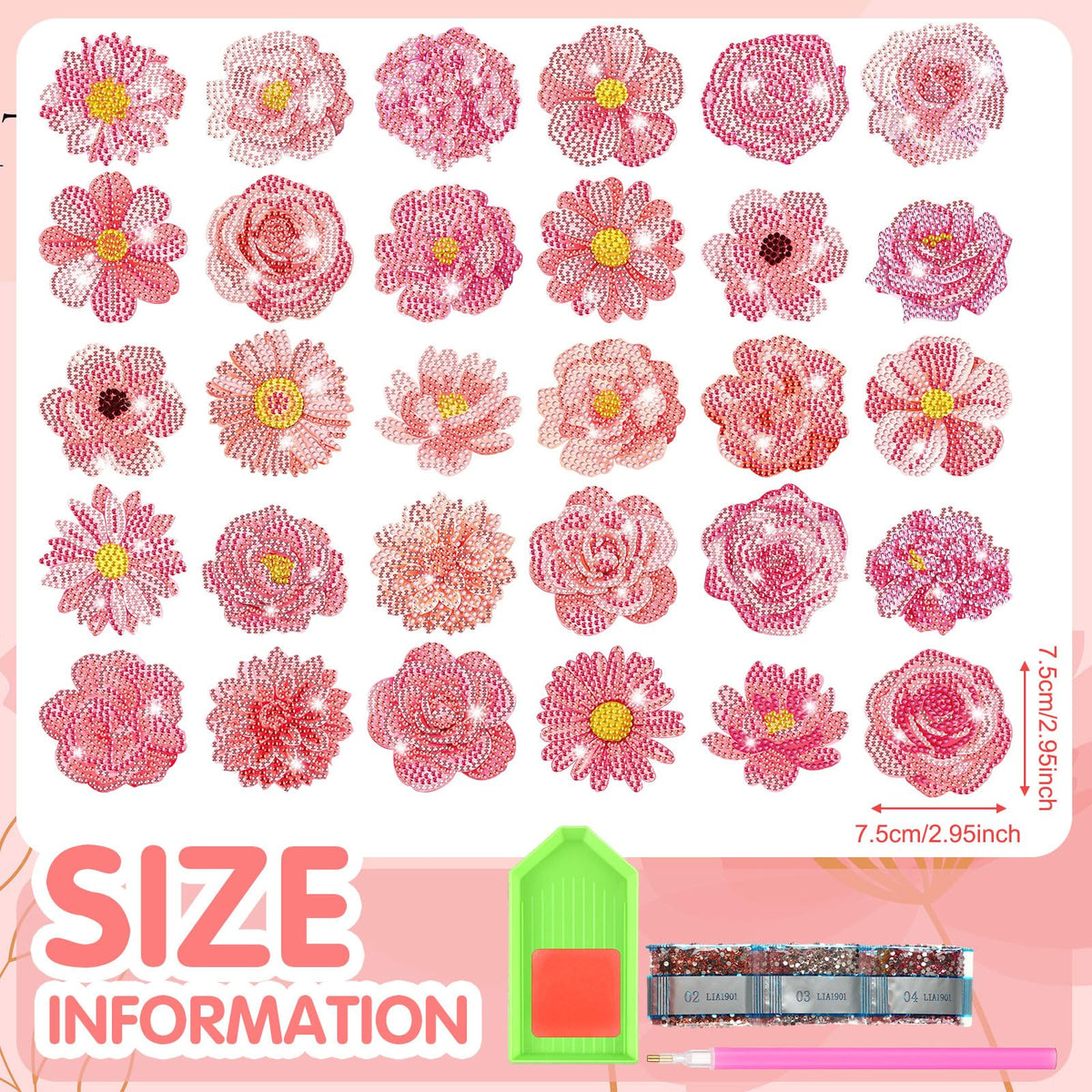 Copkim 30 Pcs Diamond Art Magnets Refrigerator Easy Art Kits Fridge Diamond Painting Magnets Stickers for Adults DIY Home Decors Flower Butterfly(Pink Flower)