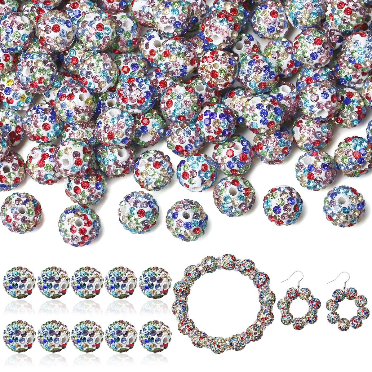 LAIDANLA 120pcs 10mm White Mixed Rhinestone Beads Baseball Beads for Crafting, Shiny Round Shamballa Disco Beads, Sparkle Crystal Clay Bead Bulk for Bracelet Necklace Making