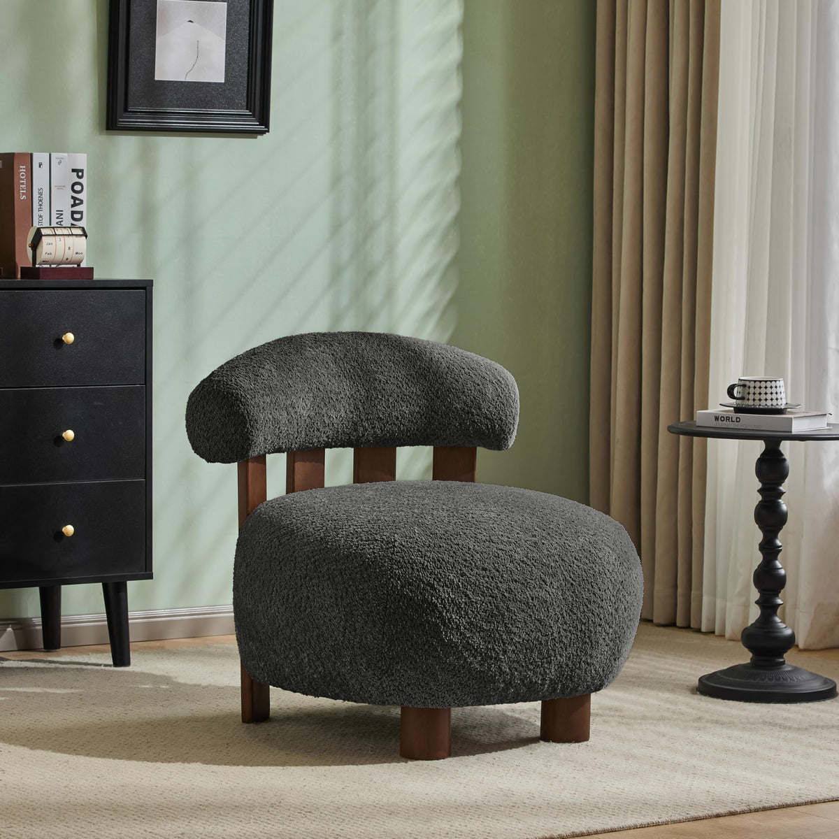 Merax Boucle Upholstered Accent Chair, Modern Barrel Armlesschair with Plush Curved Backrest and Solid Wood Legs, Cozy Lounge Reading Chair for Living Room Bedroom, Dark Gray
