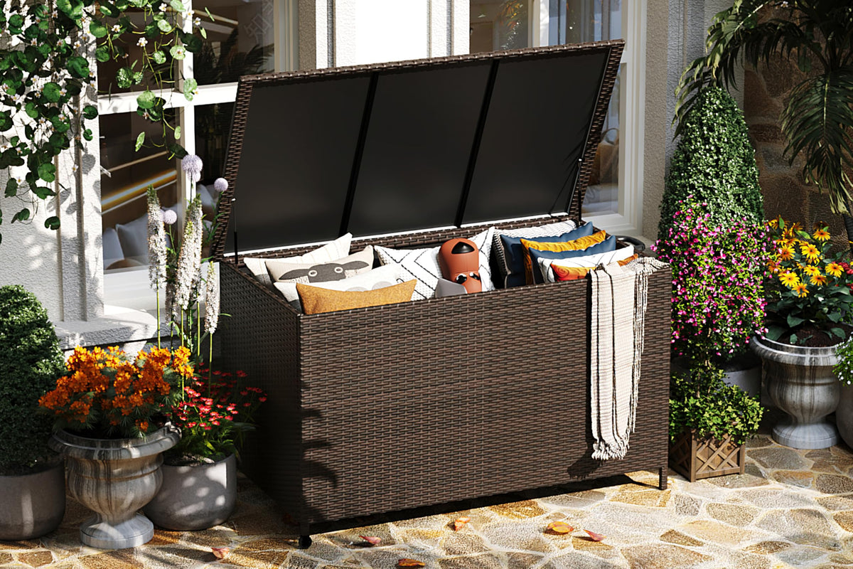 MilleLoom 185 Gallon Outdoor Storage Box with Wheels - Large Wicker Rattan Deck Box for Patio Cushions, Garden Tools, Pool Floats & Pillows, All-Weather Patio Furniture Storage, Brown