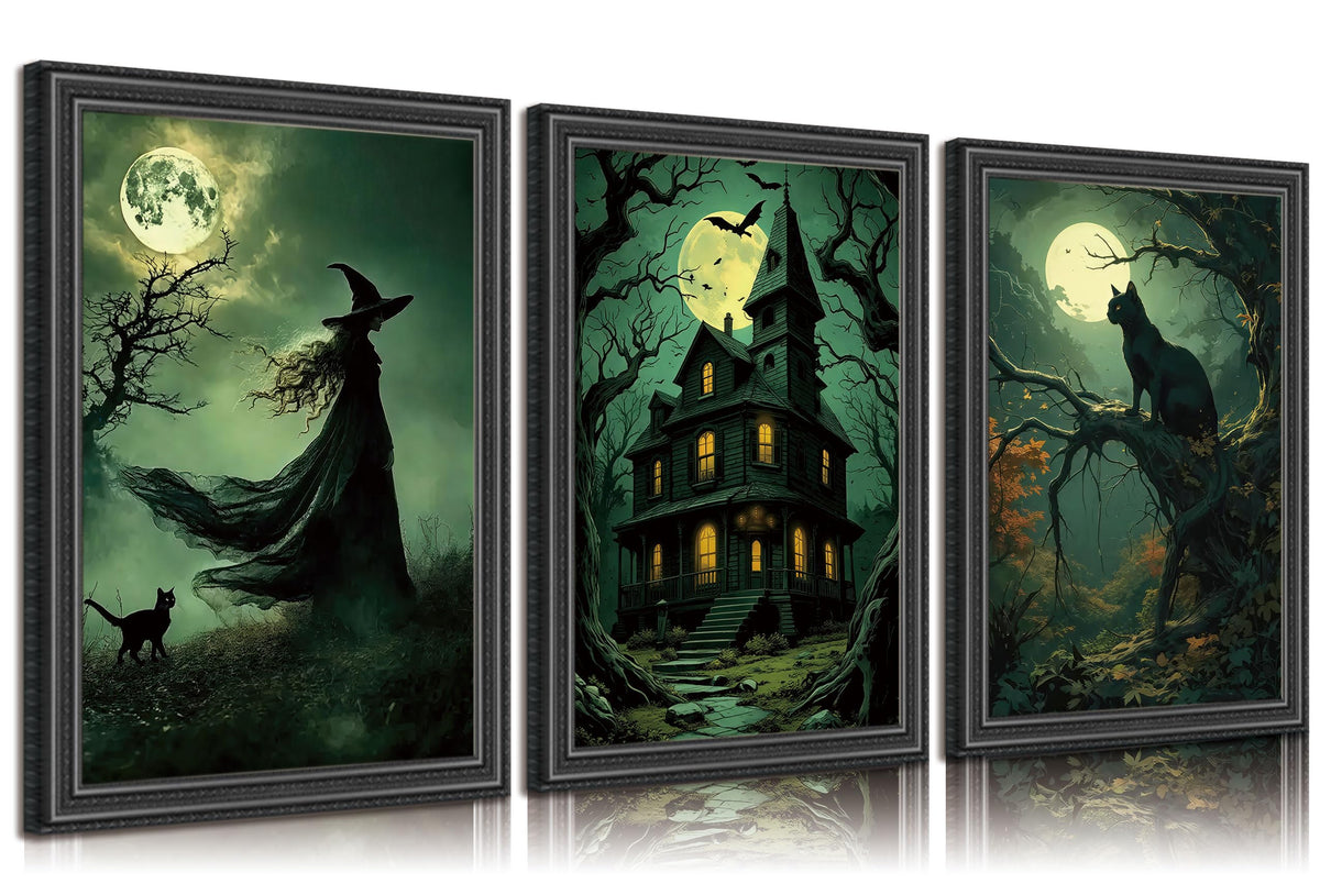 3pcs Halloween Canvas Wall Art Dark Academia Scary Witch Black Cat Castle Posters Prints Thriller Horror Green Gothic Wall Decor Pictures for Halloween Party House Decoration Unframed