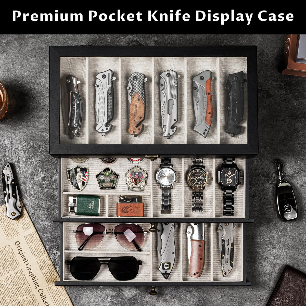 Yoimori Knife Display Case, 3-Layer Pocket Knife Case Display & Storage Knives, Solid Wood Knife Case for Collections, Gift for Boyfriend Fathers Day Birthday Gifts(Black)