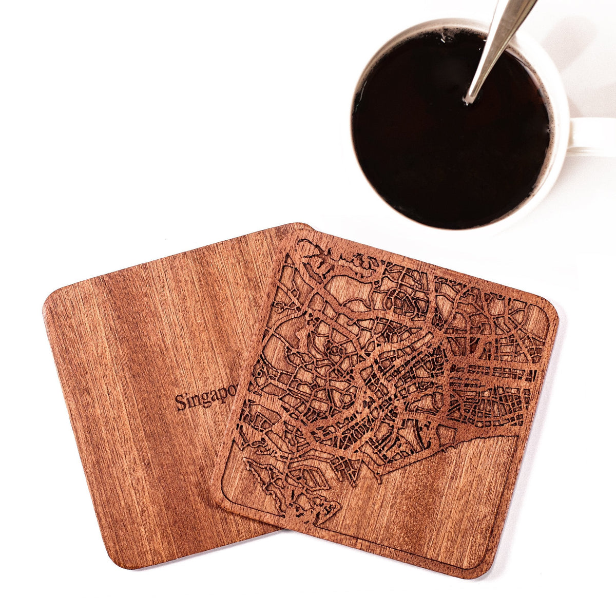Singapore Map Coaster by O3 Design Studio, Set Of 4, Sapele Wooden Coaster With City Map, Handmade
