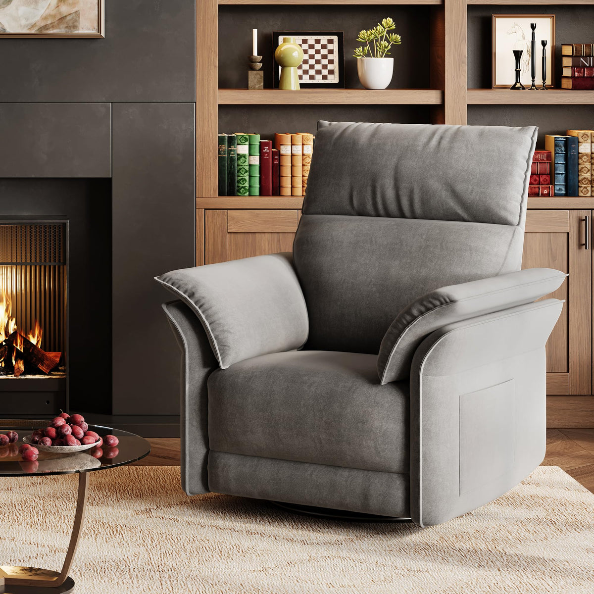 GAOMON Swivel Rocking Recliner Chair, Manual Leather Recliner Glider with Lumbar Support & Padded Armrest, Comfortable Rocker Nursery Single Sofa for Living Room and Bedroom (Light Gray)
