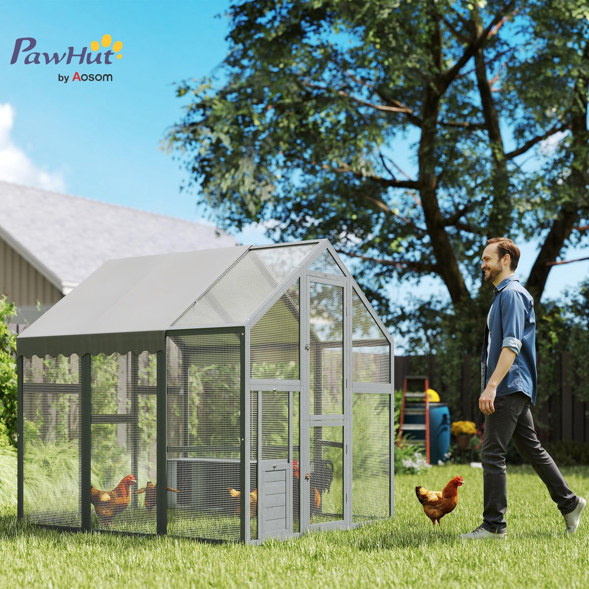 PawHut Large Wooden Chicken Coop for 6-8 Hens, Walk-in Chicken Run with Waterproof Cover, Nesting Boxes and Perches, Outdoor Poultry Cage Rabbit Hutch for Backyard, 66" x 72" x 72", Gray