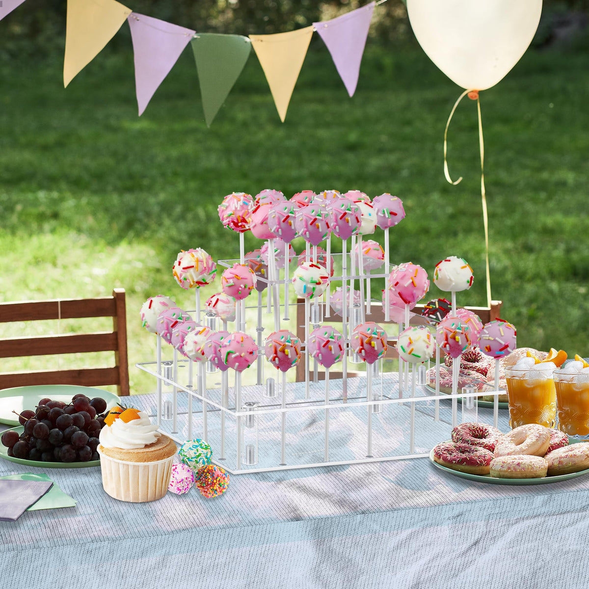 LoveDisplay Cake Pop Stand, 3 Tier Square Lollipop Holder with 300 Pcs Accessories, Clear Acrylic Cakepop Display Stand 56 Holes for Birthday, Wedding, Party, Halloween, Christmas Candy Decorative