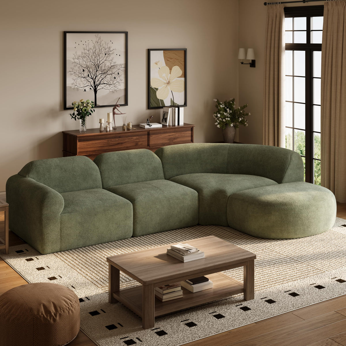 Christopher Knight Home Midel 111" Modular L-Shape Sofa Couch with Chaise Lounge, Modern Boneless Sofa for Living Room, Fabric Upholstered Cloud Couch with Deep Seat, Olive Green