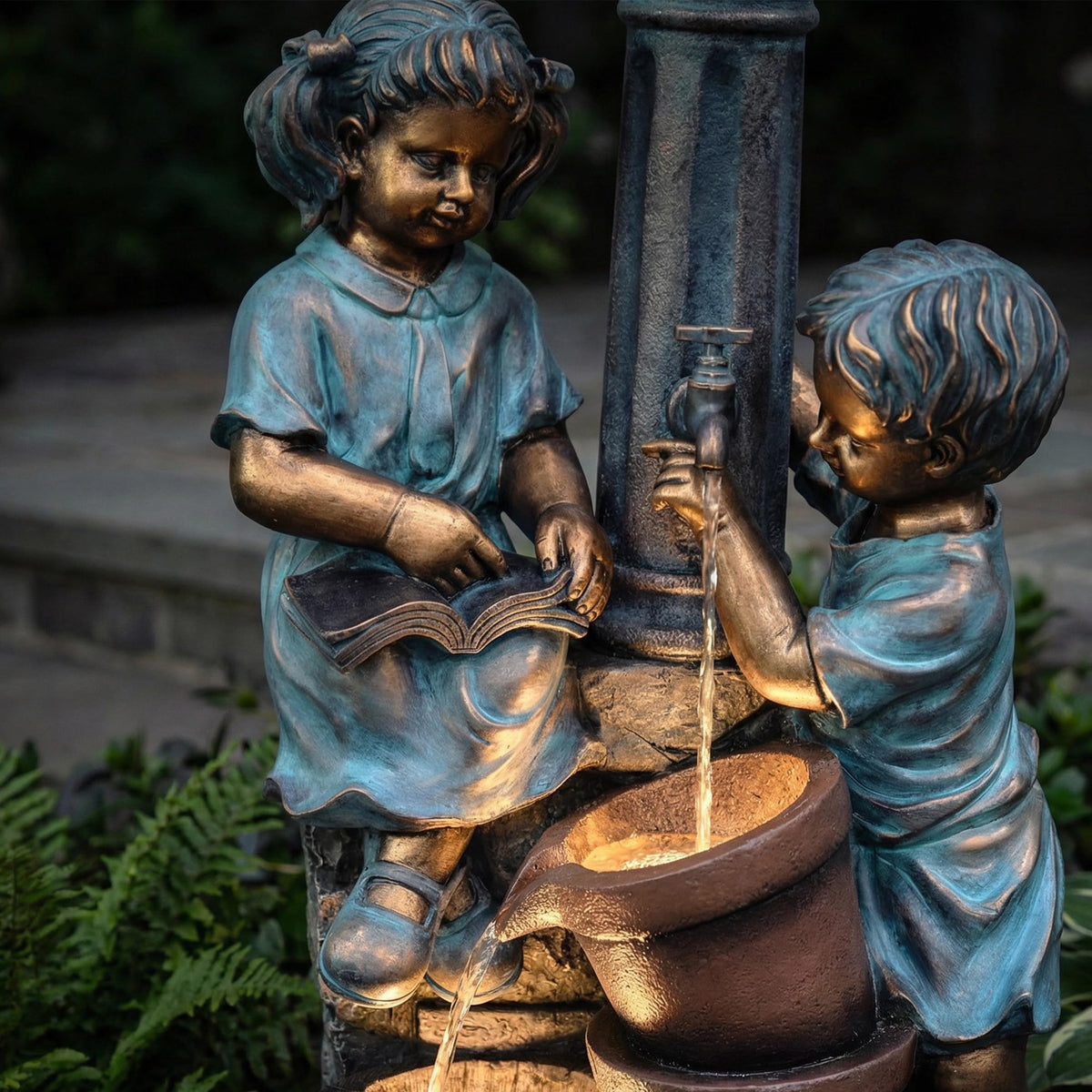 Dalxo 47-Inch Outdoor Water Fountain, 3-Tier Boy and Girl Resin Waterfall Fountain, with Soothing Water Sound & 3 Warm LED Lights, Home Decor for Garden, Patio, Yard, Deck or Lawn in Brown and Blue