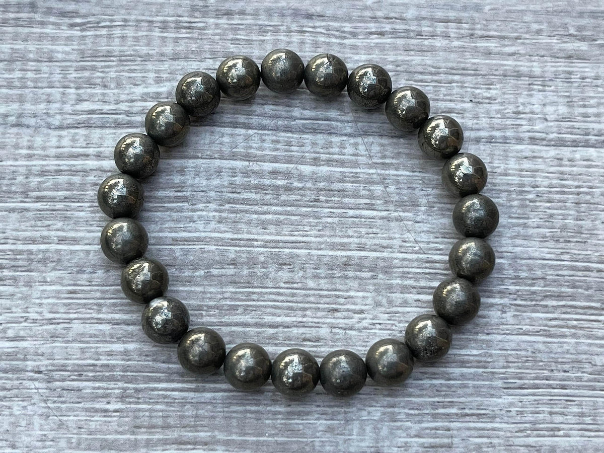 GAF TREASURES Pyrite Crystal Bead Bracelet 8mm, Genuine Pyrite Stretch Gemstone Bracelet, Healing Crystal Bracelet, Gift for Men & Women (1)
