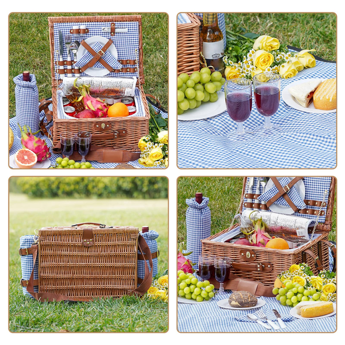 Picnic Baskets for 2, Picnic Basket with Waterproof Blanket, Picnic Basket Set with Washable Beach Mat & Large Insulated Cooler Compartment, Handmade Natural Wicker Hamper for Camping, Outdoor Party