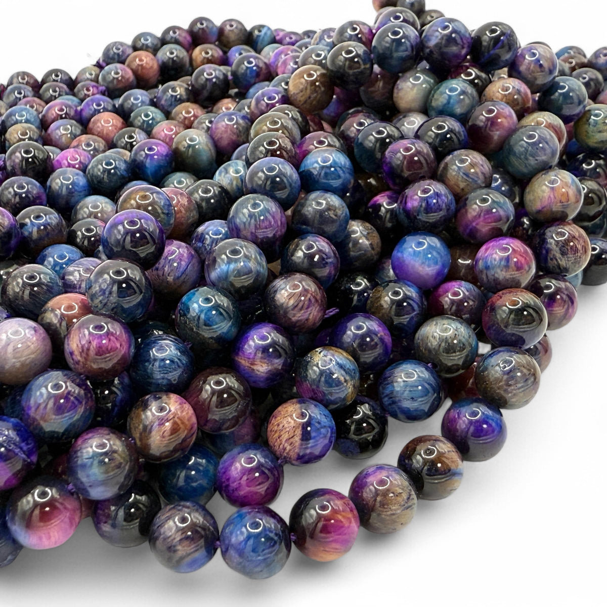 ABCGEMS High-Flash Galaxy Tiger Eye Beads from Africa (Blend of Blue & Purple Hues that Mimic The Beauty of The Galaxy) Smooth Round 10mm