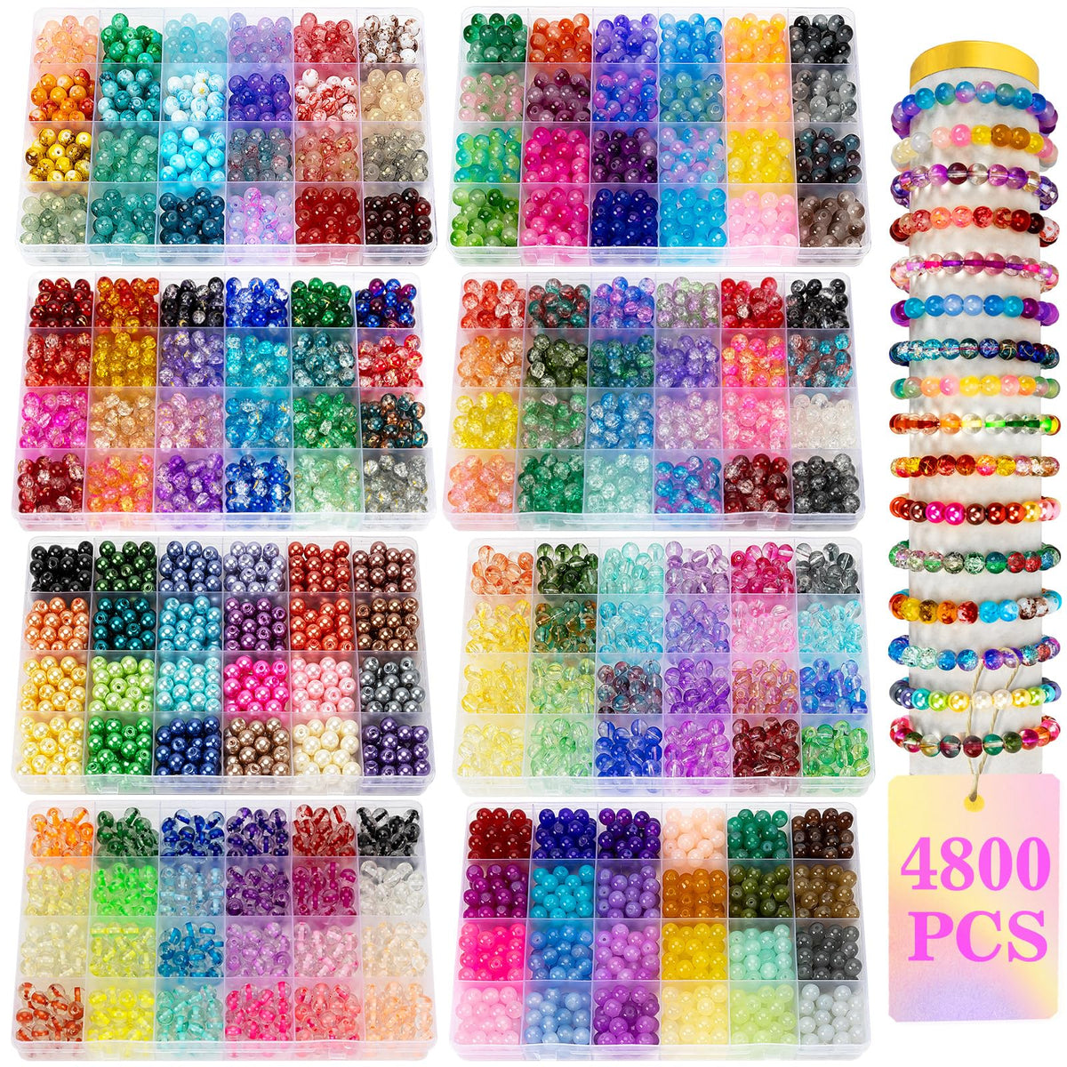 XSEINO 192 Colors 4800pcs 8mm Dream Candy Colorful Series Glass Beads Bracelet Making Kit,8 Box Different Unique Styles Crystal Bead for Making and DIY Crafts