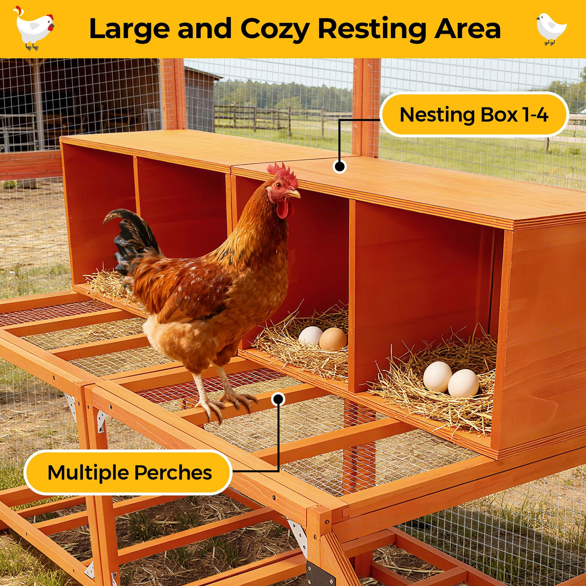 COZIWOW Chicken Coop with Full Waterproof Cover, 9' Extra Large Wooden Chicken House for 10-15 Chickens, 4 Nesting Boxes & Roosting Bars, Outdoor Walk-in Poultry Run, Orange