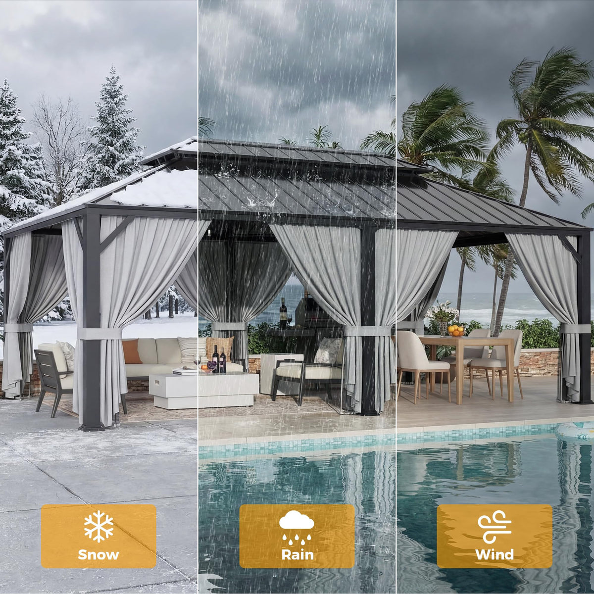 IRONCK 20'x12' Hardtop Gazebo, Update Aluminum Frame Gazebo with Galvanized Steel Double Roof, Outdoor Pergola with Curtain and Net, Backyard Canopy for Garden, Deck, Gray and Black