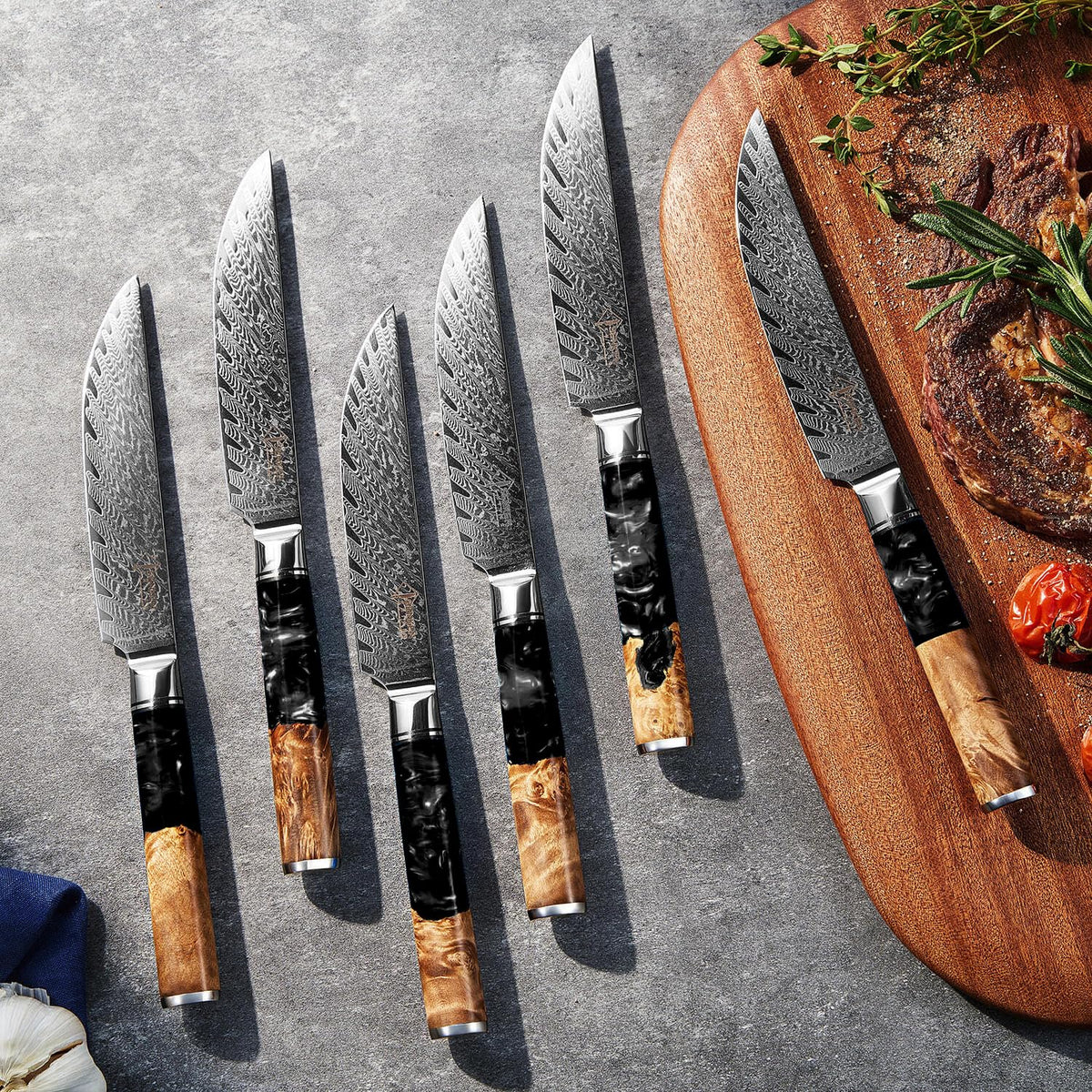 SENKEN Damascus Steak Knife Set - Black Tsunami Collection - 67-Layer Japanese VG10 Steel - Razor Sharp Non-Serrated Blades, Black Resin & Burl Wood Handles, Luxury Gift Box