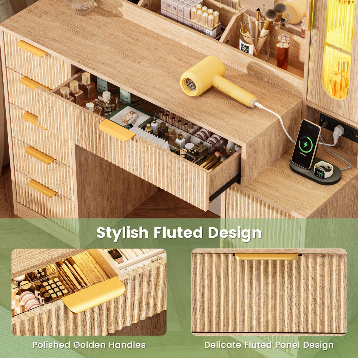 Fkhouse Fluted Makeup Vanity Desk with Large 31.4" Mirror and Sound Sync RGB Lights, Wood Vanity with 6 Drawers, 2 Cabinet & 3 Compartments, Charging Station, Bedroom Dressing Table, Natural Oak