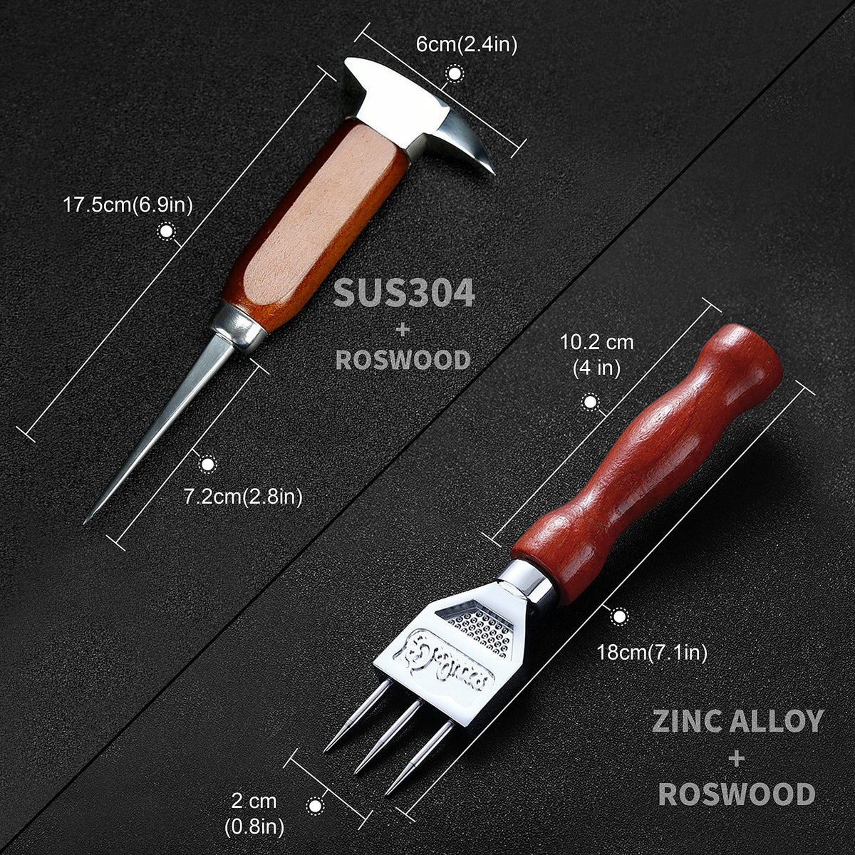 Stainless Steel Ice Pick Set, 7.2 Inch Ice Crusher and 6.8 Inch Dual-action Ice Chisel with Wood Handle, Japanese Style Ice Chipper，ideal for Kitchen, Bars, Bartender（2 Pick）