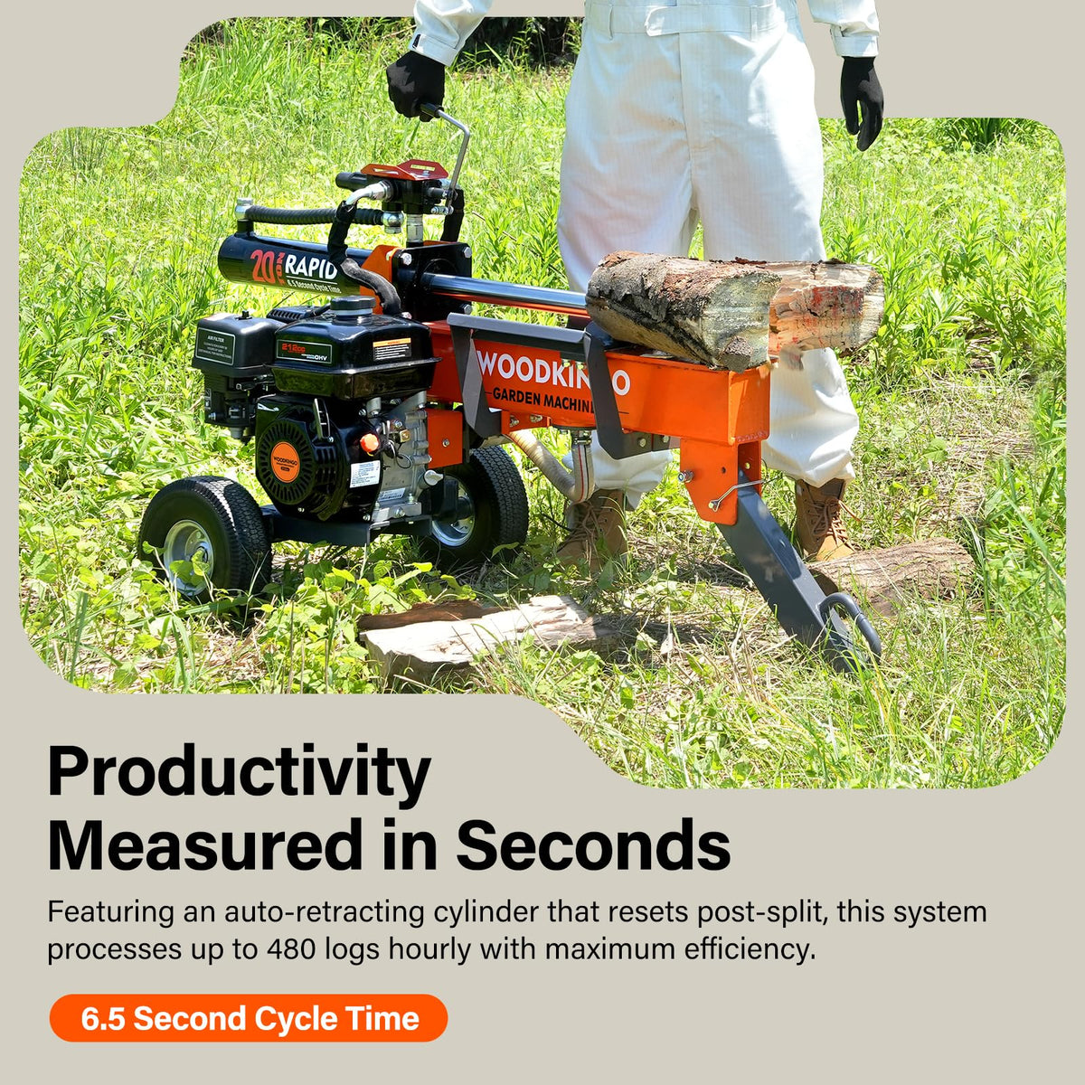 WOODKINGO Log Splitter, 20 Ton, Gas Powered 7 HP 212CC Engine, Automatic Wood Splitting Wedge Machine,Commercial Quality for Fireplace Burning Firewood Supply Forestry Harvesting,Orange