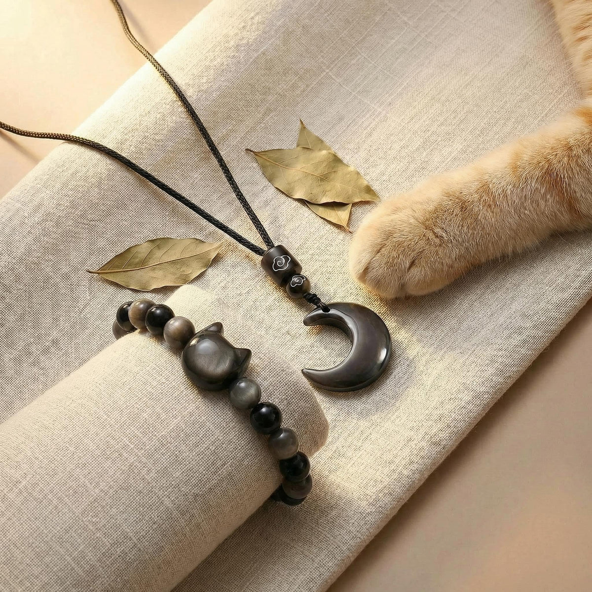 Black Obsidian Cat Bracelet and Moon Pendant Necklace Jewelry Set-Cat Lover Gifts,Wealth Attraction,Good Luck,Bead Bracelet,Mindfulness,Beaded Bracelets, Obsidian Pendant Necklace-Cute Gifts for Women