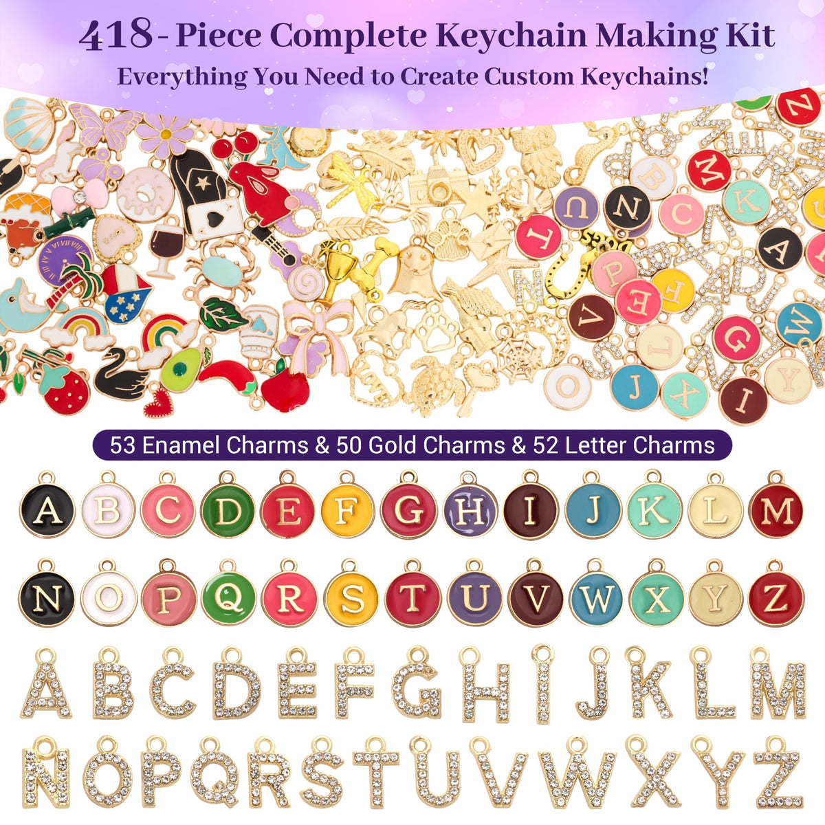 Koruhi 418pcs Charms Lip Gloss Keychain Making Kit,Cute Gold DIY Keychain Supplies Including Organizer Box,Pliers, Tassels, Enamel Letter Charms,Complete Key Chain Kits for DIY Craft Gifts(418, Gold)