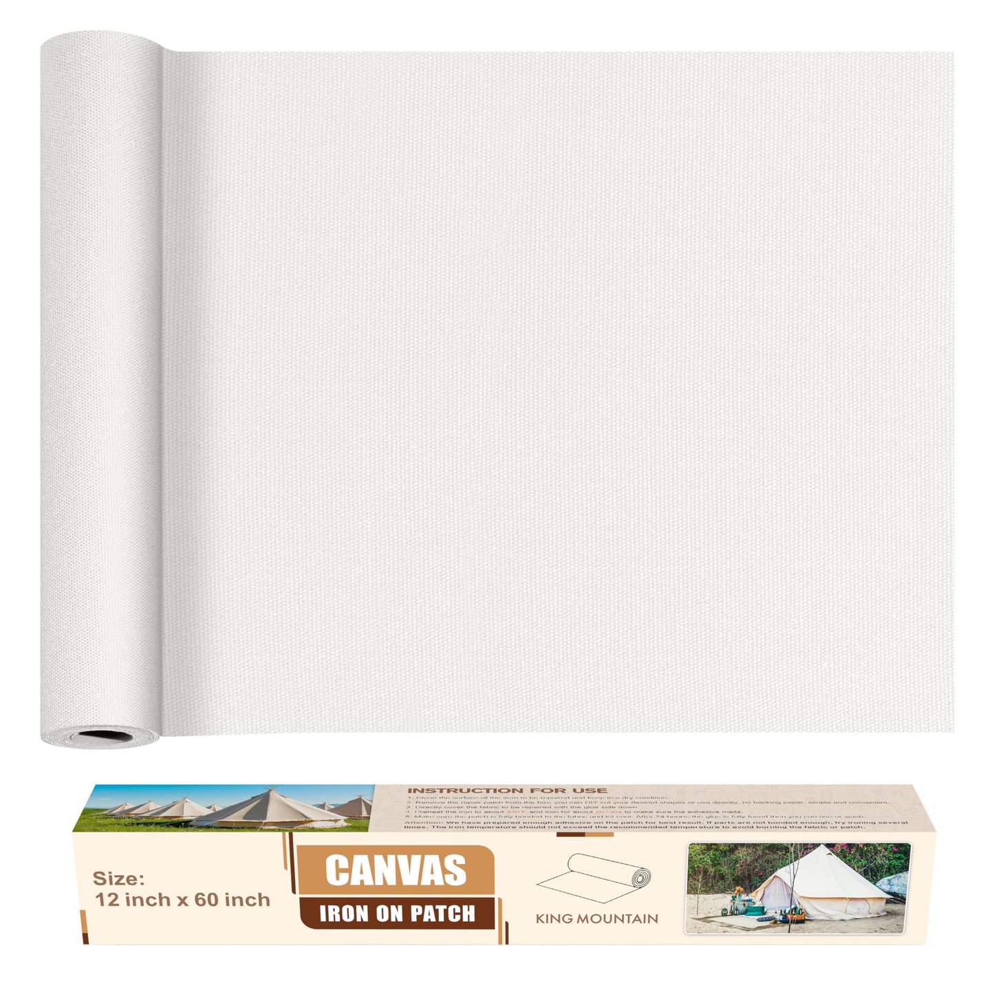 KING MOUNTAIN Canvas Iron on Patch,12"×60",Waterproof 100% Cotton Fabric Repair Patch,Used for Various Sofa,Tent,Clothes,Seats,Suitcases (White,Waterproof)