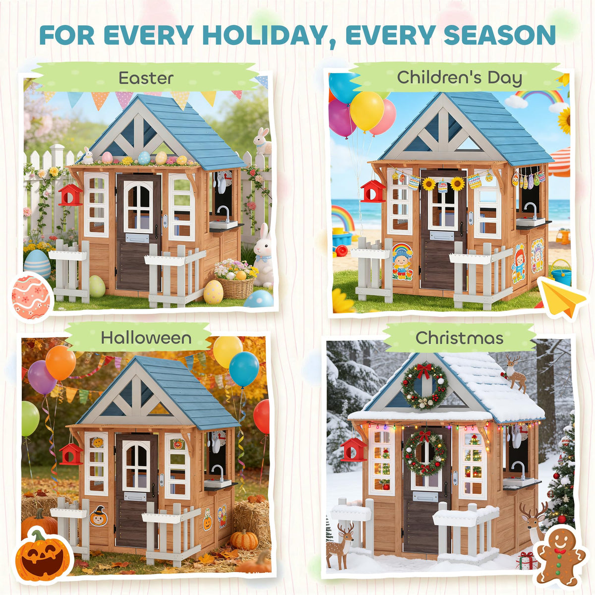Qaba Outdoor Playhouse with Pet Door, Wooden Kids Playhouse with Play Kitchen, Mailbox, Doorbell, Birdhouse, Fence and Windows for Garden, Backyard, Indoor Playroom Pretend Play, Ages 2+, Brown