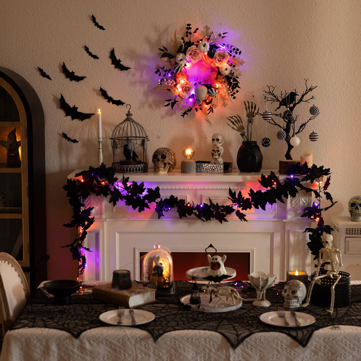 Valery Madelyn 18 Inch Halloween Wreath for Front Door with Lights, Pre-Lit Fall White Pumpkin Skull Wreath Pink Roses Halloween Decorations for Home Porch Table Centerpiece Party Holiday Autumn Decor