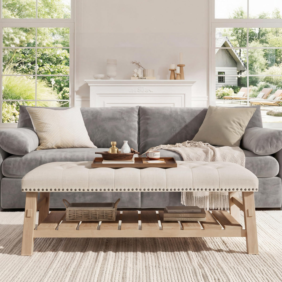 Merax 48" Large Rectangle Linen Blend Ottoman Coffee Table, Button Tufted with Slatted Storage Shelf, Upholstered Footstool Bench with Nailhead Trim & Solid Wood Legs, Seats for Living Room, Beige