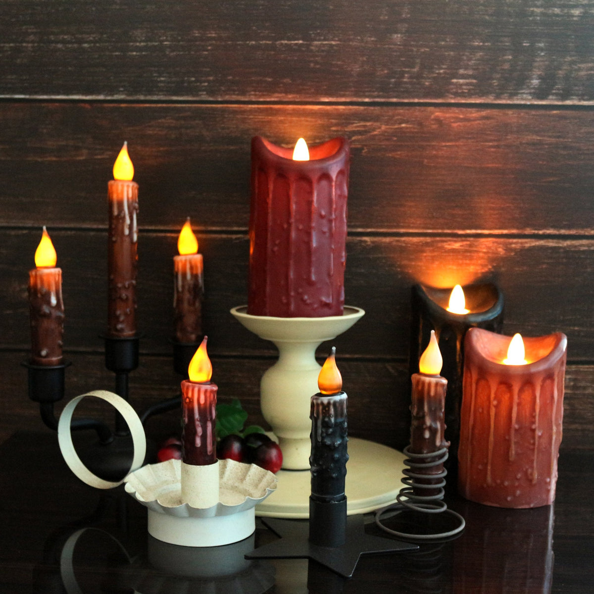 CVHOMEDECO. Real Wax Hand Dipped Battery Operated LED Timer Taper Candles Country Primitive Flameless Lights Décor, 4-3/4 Inch, Burgundy, 2 PCS in a Package