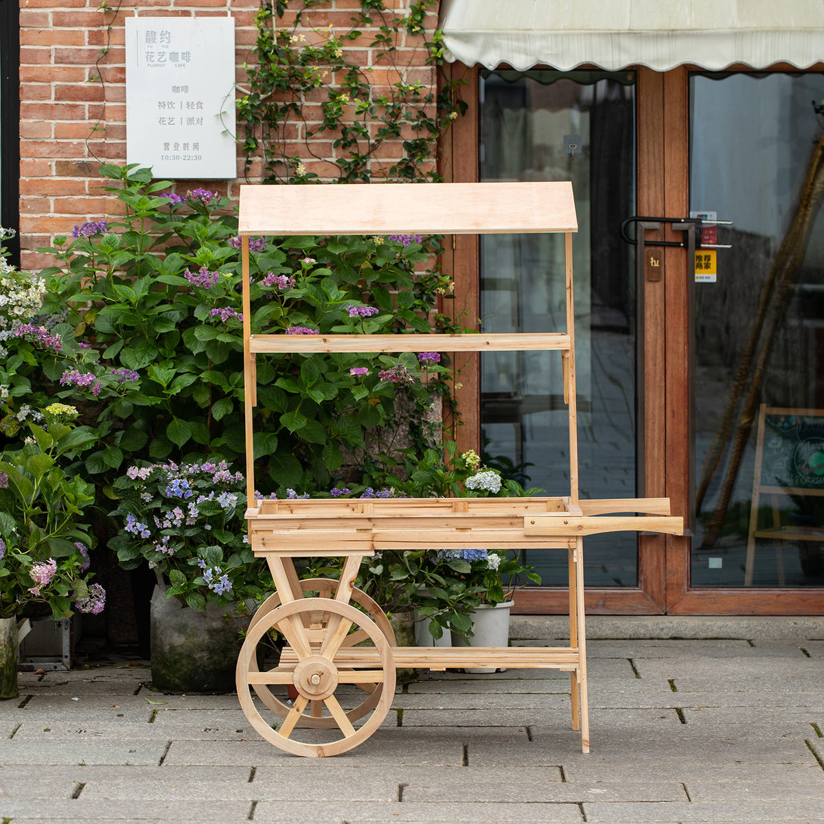 Vintiquewise Large Wooden 3 Tier Rolling Table Cart with 2 Wheels for Home Decor Modern Wagon with Shelves for Display Rack, Coffee Station, Food Stand, Beverage Bar, and Tea Stall